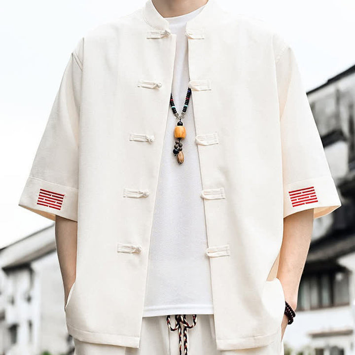 Buddha Stones Summer Tang Style Frog Button Solid Men's Short Sleeve Shirts - Linen - US/UK/AU46，EU56 (5XL) - image 7