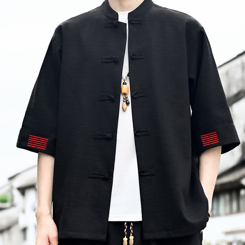 Buddha Stones Summer Tang Style Frog Button Solid Men's Short Sleeve Shirts - Black - US/UK/AU46，EU56 (5XL) - image 0