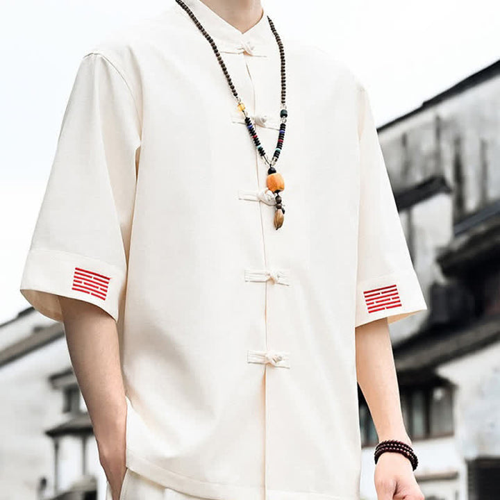 Buddha Stones Summer Tang Style Frog Button Solid Men's Short Sleeve Shirts - image 12