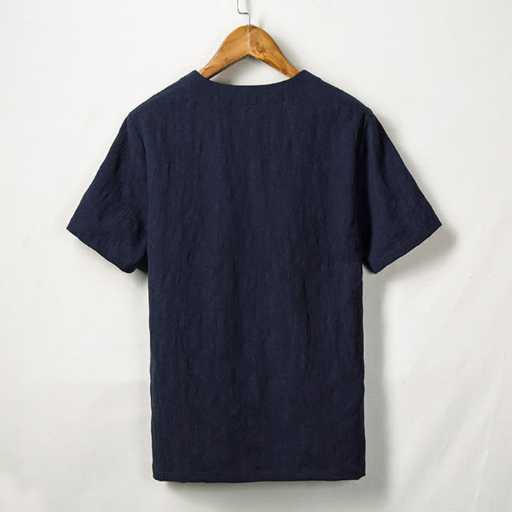 Buddha Stones Summer Tang Style One Frog Button Solid Leaf Texture Men's Short Sleeve Shirts - image 5