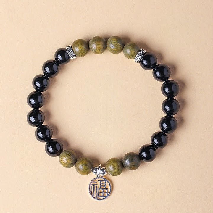 Buddha Stones Black Onyx Fu Character Beaded Luck Bracelet - Black Onyx Green Sandalwood(Wrist Circumference:15–16 cm) - image 16