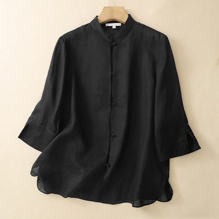 Buddha Stones Summer Solid Mandarin Collar Women's Three-Quarter Sleeve Shirts - Black - US8-10，UK/AU12-14，EU40-42 (2XL) - image 10