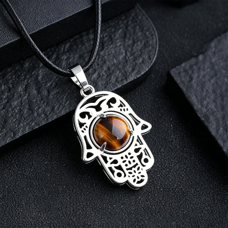 Buddha Stones Natural Black Obsidian Hamsa Palm Inlay Crystal Strength Necklace - Natural Tiger Eye(Color May Vary) - image 8