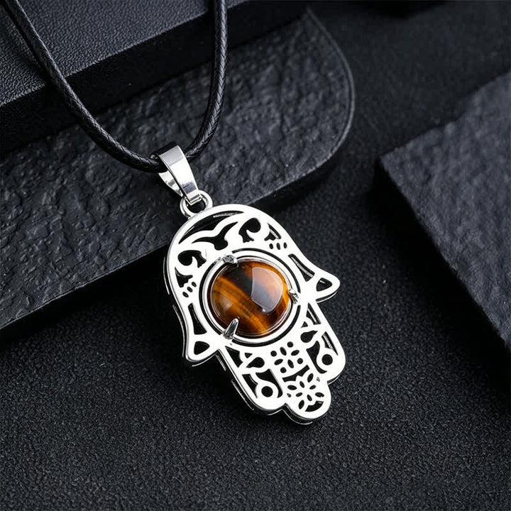 Buddha Stones Natural Black Obsidian Hamsa Palm Inlay Crystal Strength Necklace - Natural Tiger Eye(Color May Vary) - image 8
