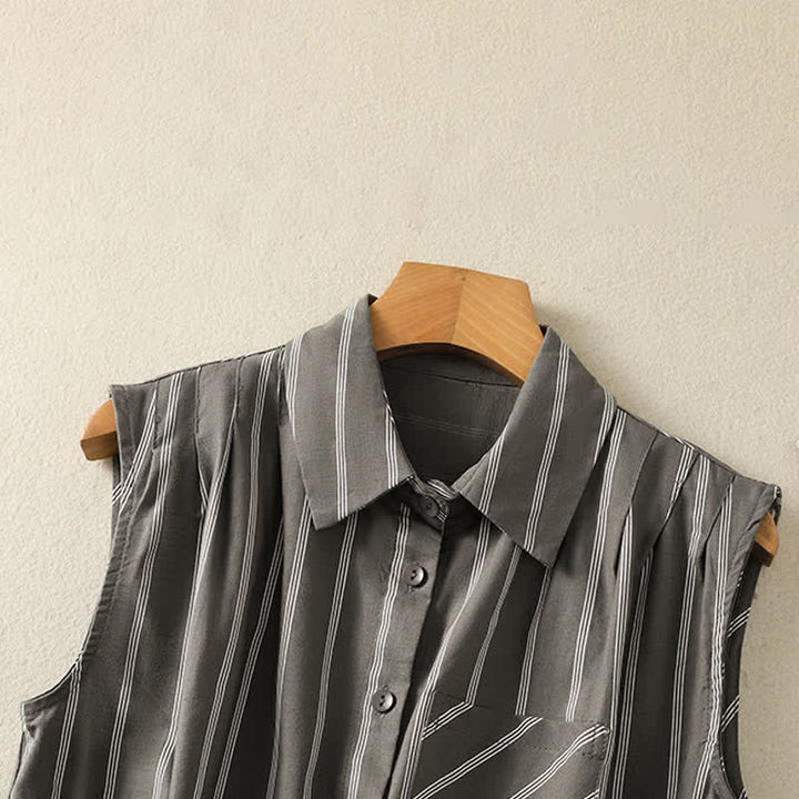 Buddha Stones Summer Vintage Button-Up Striped Women's Sleeveless Shirts With Patch Pocket - image 3