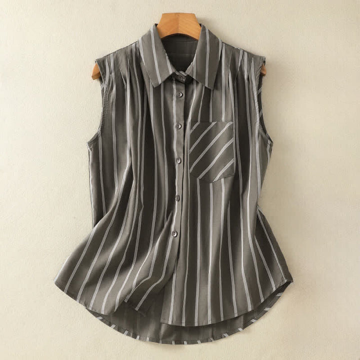 Buddha Stones Summer Vintage Button-Up Striped Women's Sleeveless Shirts With Patch Pocket - Gray - US12，UK/AU16，EU44 (2XL) - image 0