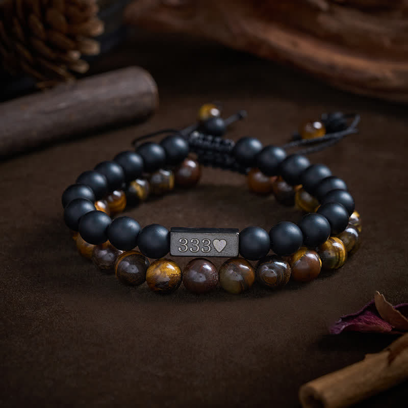 Buddha Stones 2Pcs Frosted Stone Tiger Eye 333 222 111 11:11 444 Angel Number Cure Bracelet - image 1