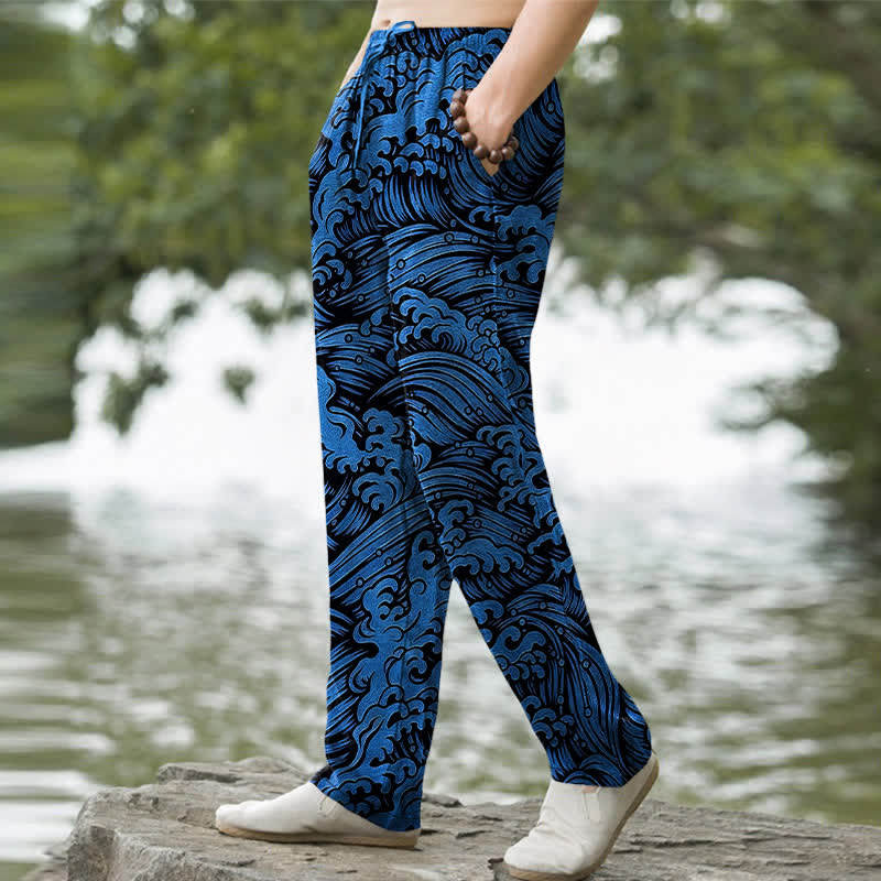 Buddha Stones Cotton Ocean Wave Pattern Men's Tapered Pants With Pockets - image 1