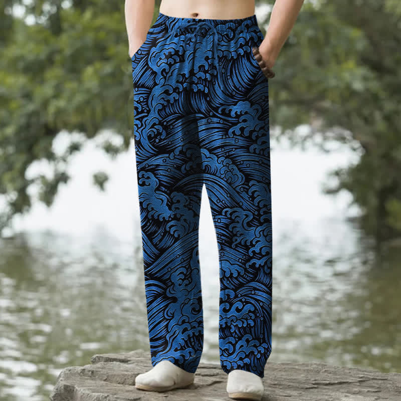 Buddha Stones Cotton Ocean Wave Pattern Men's Tapered Pants With Pockets - RoyalBlue - US/UK/AU50，EU60 (5XL) - image 0