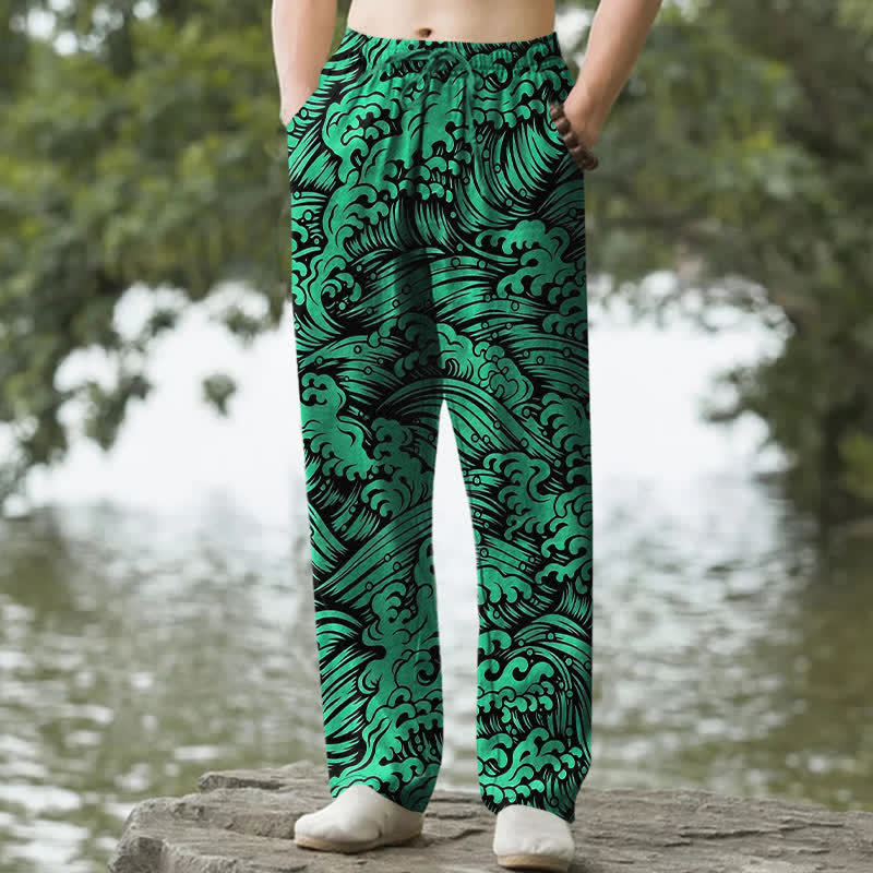 Buddha Stones Cotton Ocean Wave Pattern Men's Tapered Pants With Pockets - Forestgreen - US/UK/AU50，EU60 (5XL) - image 6