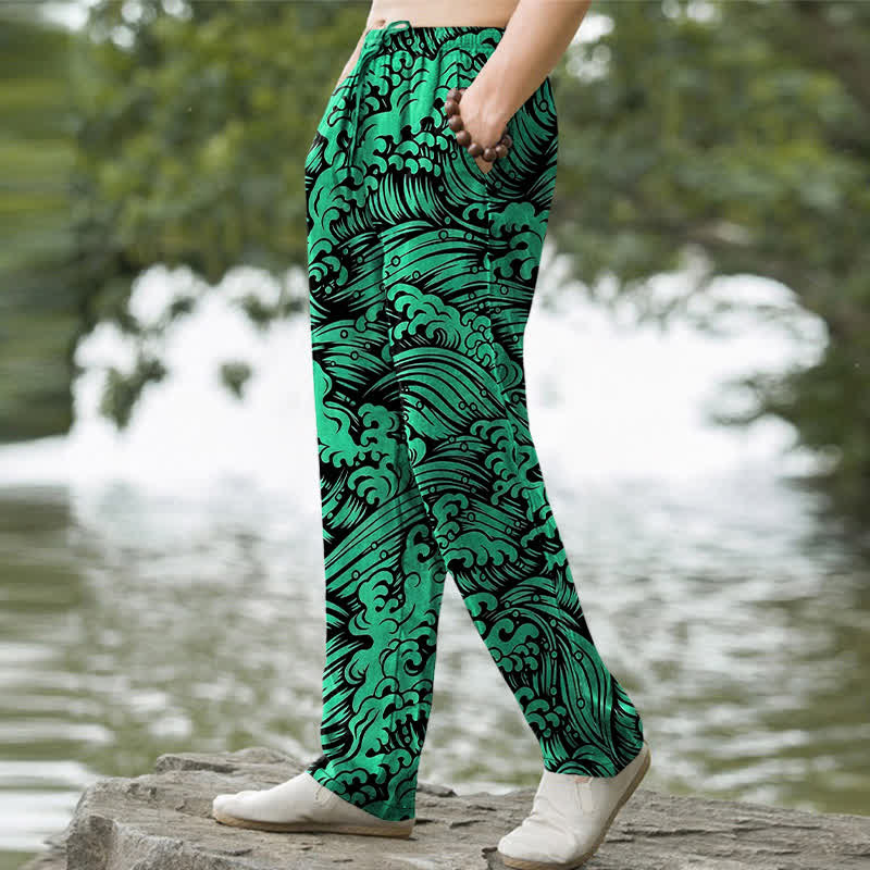 Buddha Stones Cotton Ocean Wave Pattern Men's Tapered Pants With Pockets - image 7