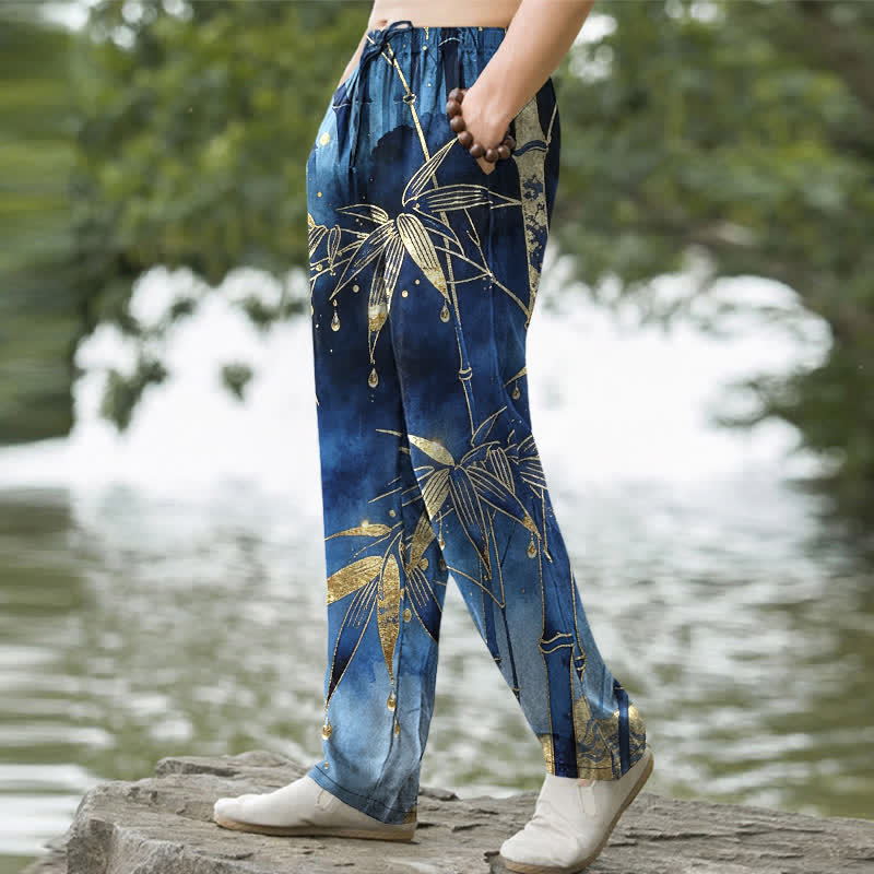 Buddha Stones Cotton Golden Bamboo Leaf Pattern Men's Tapered Pants With Pockets - image 1