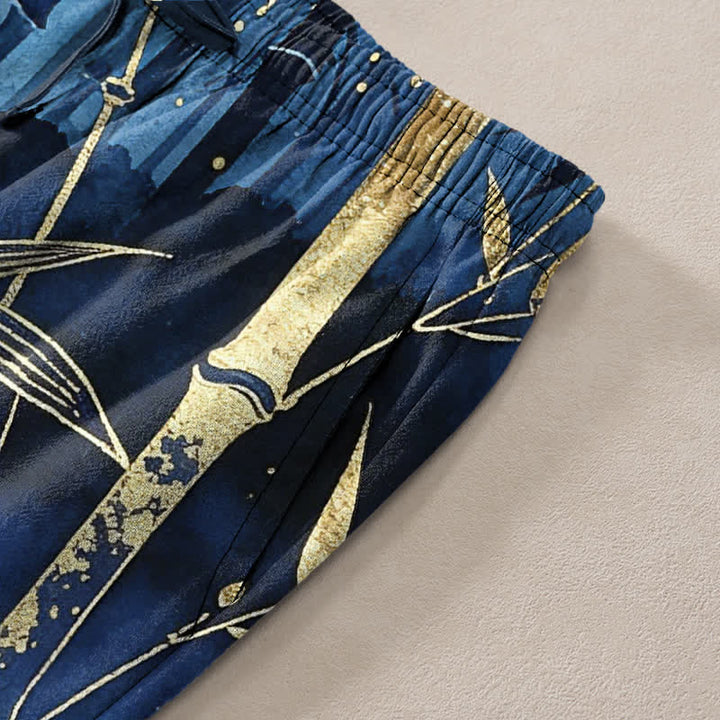 Buddha Stones Cotton Golden Bamboo Leaf Pattern Men's Tapered Pants With Pockets - image 2