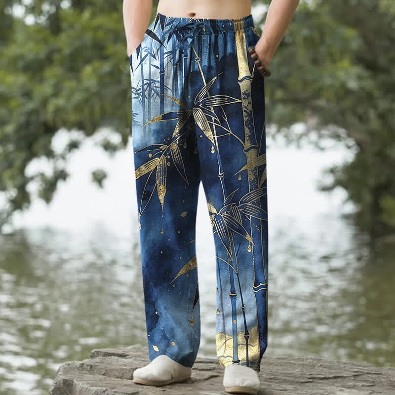 Buddha Stones Cotton Golden Bamboo Leaf Pattern Men's Tapered Pants With Pockets - Navy - US/UK/AU50，EU60 (5XL) - image 0