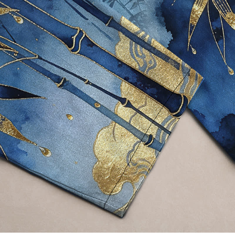 Buddha Stones Cotton Golden Bamboo Leaf Pattern Men's Tapered Pants With Pockets - image 3