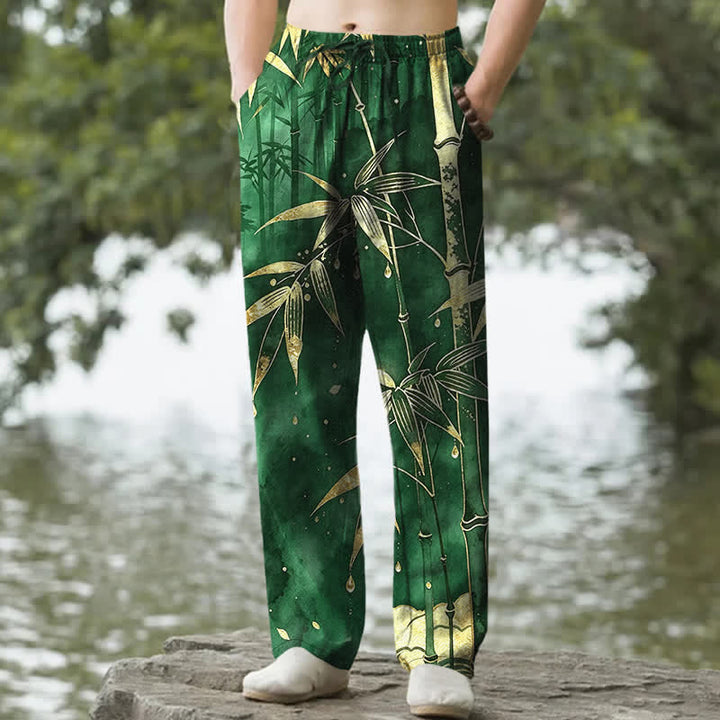 Buddha Stones Cotton Golden Bamboo Leaf Pattern Men's Tapered Pants With Pockets - ForestGreen - US/UK/AU50，EU60 (5XL) - image 4