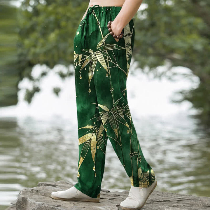 Buddha Stones Cotton Golden Bamboo Leaf Pattern Men's Tapered Pants With Pockets - image 5