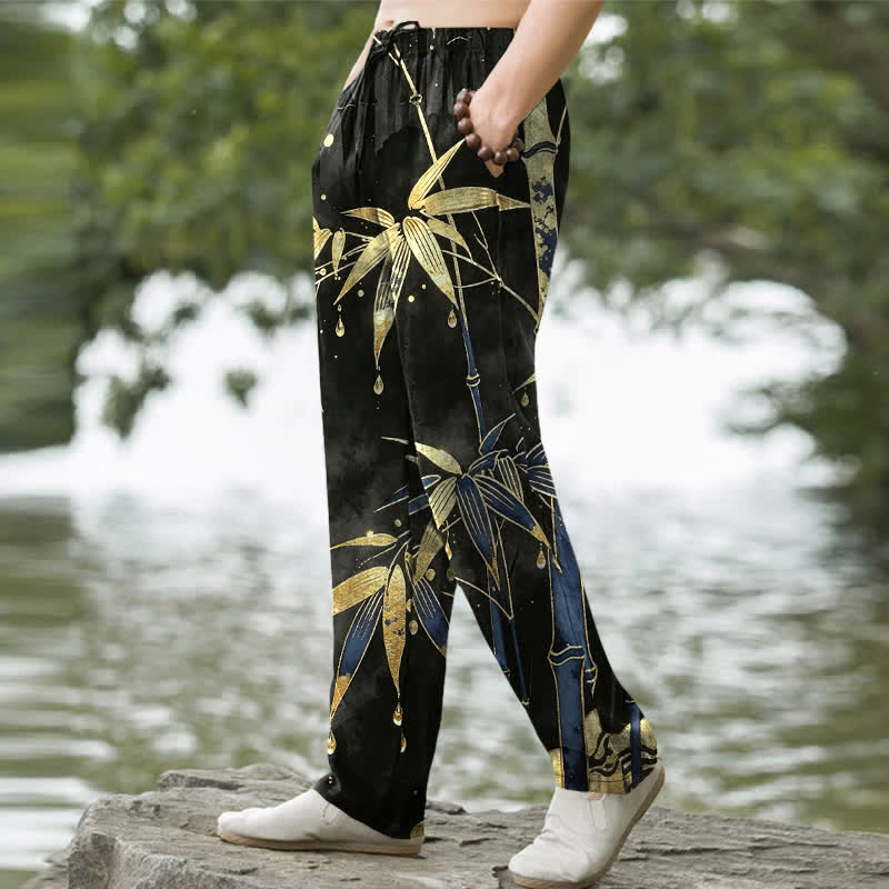 Buddha Stones Cotton Golden Bamboo Leaf Pattern Men's Tapered Pants With Pockets - image 7