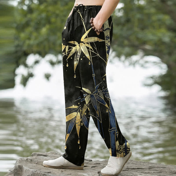 Buddha Stones Cotton Golden Bamboo Leaf Pattern Men's Tapered Pants With Pockets - image 7