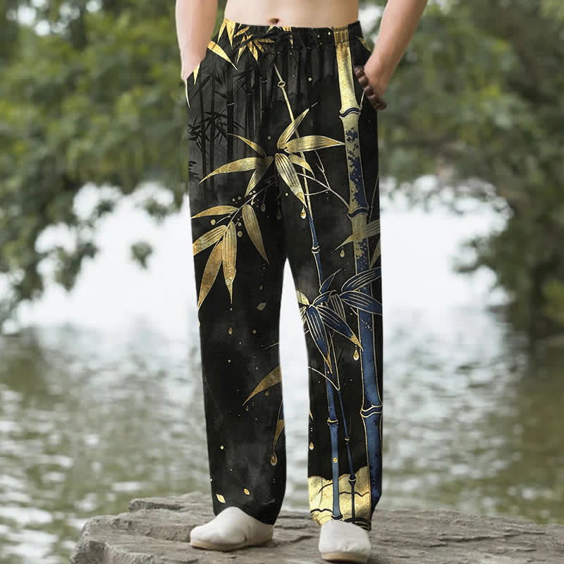 Buddha Stones Cotton Golden Bamboo Leaf Pattern Men's Tapered Pants With Pockets - Black - US/UK/AU50，EU60 (5XL) - image 6