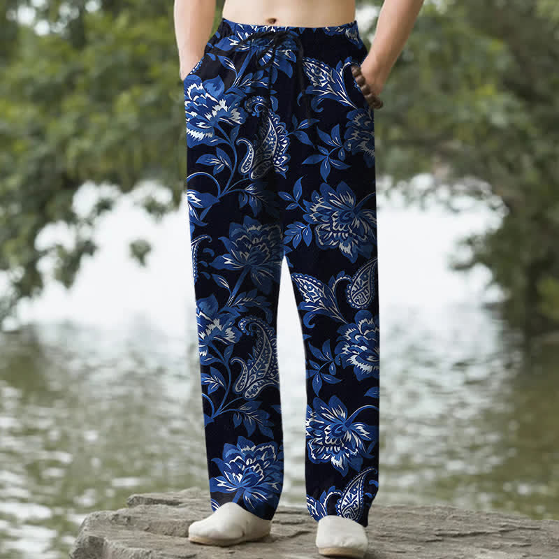 Buddha Stones Cotton Blue Floral Paisley Pattern Men's Tapered Pants With Pockets - Black - US/UK/AU50，EU60 (5XL) - image 0