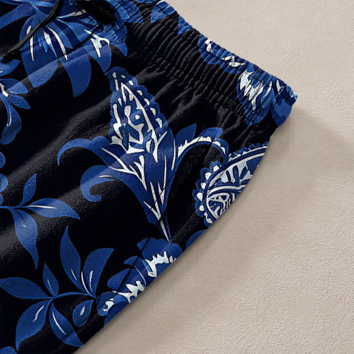 Buddha Stones Cotton Blue Floral Paisley Pattern Men's Tapered Pants With Pockets - image 2