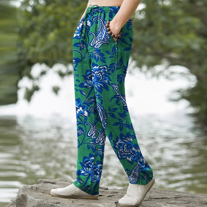 Buddha Stones Cotton Blue Floral Paisley Pattern Men's Tapered Pants With Pockets - image 7