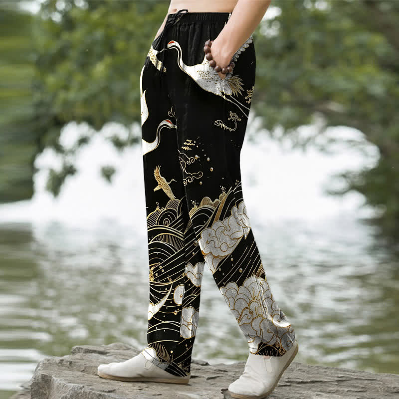 Buddha Stones Cotton White Crane Wave Pattern Men's Tapered Pants With Pockets - image 1