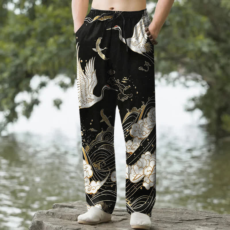 Buddha Stones Cotton White Crane Wave Pattern Men's Tapered Pants With Pockets - Black - US/UK/AU50，EU60 (5XL) - image 0