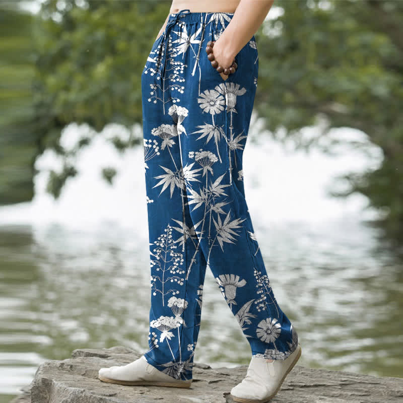 Buddha Stones Cotton Bamboo Leaf Floral Pattern Men's Tapered Pants With Pockets - image 1