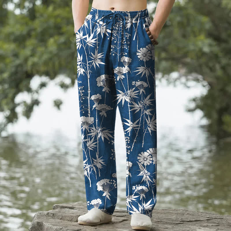 Buddha Stones Cotton Bamboo Leaf Floral Pattern Men's Tapered Pants With Pockets - RoyalBlue - US/UK/AU50，EU60 (5XL) - image 0