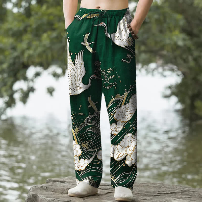 Buddha Stones Cotton White Crane Wave Pattern Men's Tapered Pants With Pockets - ForestGreen - US/UK/AU50，EU60 (5XL) - image 4