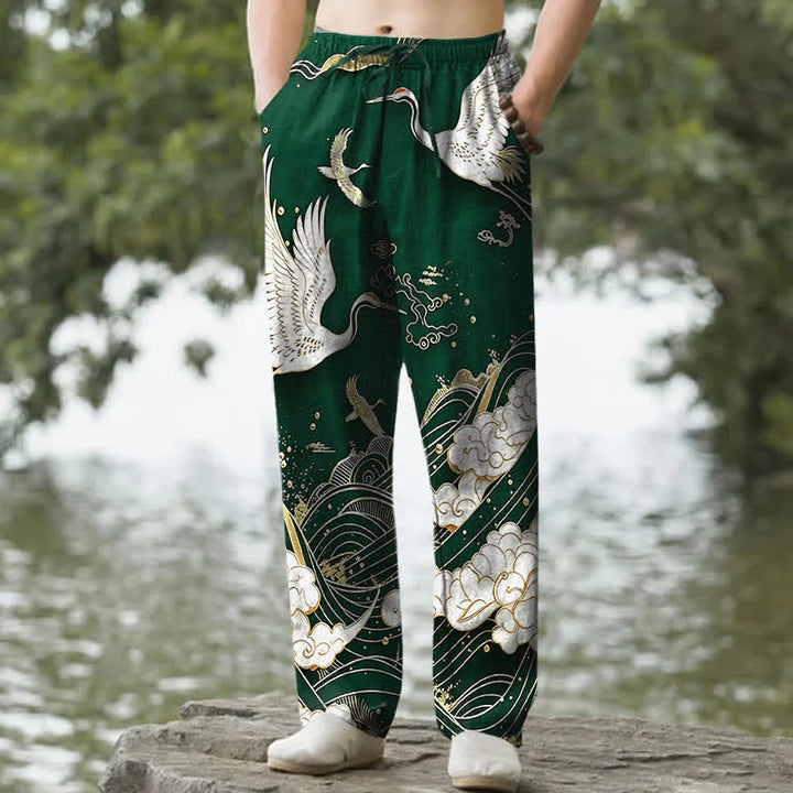 Buddha Stones Cotton White Crane Wave Pattern Men's Tapered Pants With Pockets - ForestGreen - US/UK/AU50，EU60 (5XL) - image 4