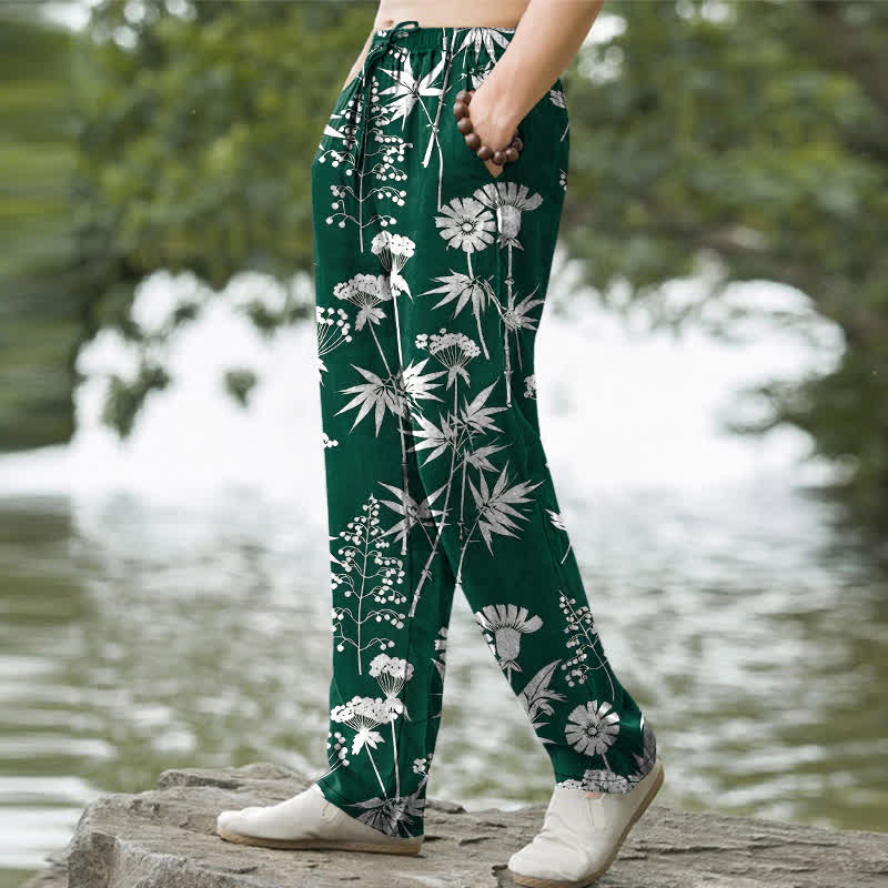 Buddha Stones Cotton Bamboo Leaf Floral Pattern Men's Tapered Pants With Pockets - image 5