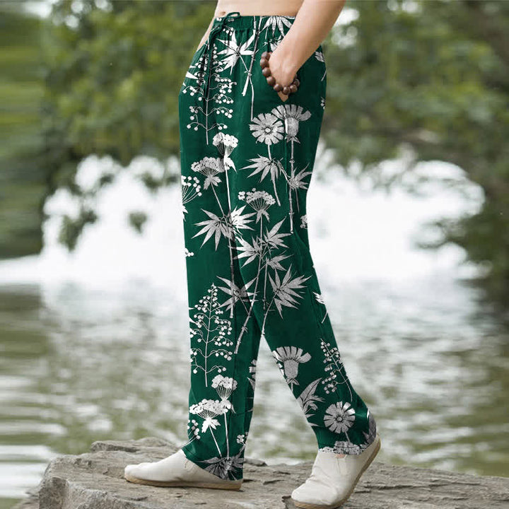 Buddha Stones Cotton Bamboo Leaf Floral Pattern Men's Tapered Pants With Pockets - image 5