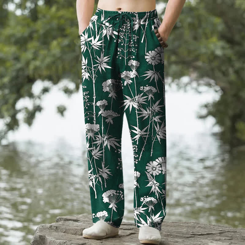 Buddha Stones Cotton Bamboo Leaf Floral Pattern Men's Tapered Pants With Pockets - ForestGreen - US/UK/AU50，EU60 (5XL) - image 4