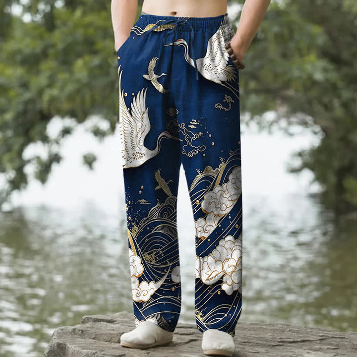 Buddha Stones Cotton White Crane Wave Pattern Men's Tapered Pants With Pockets - Navy - US/UK/AU50，EU60 (5XL) - image 6