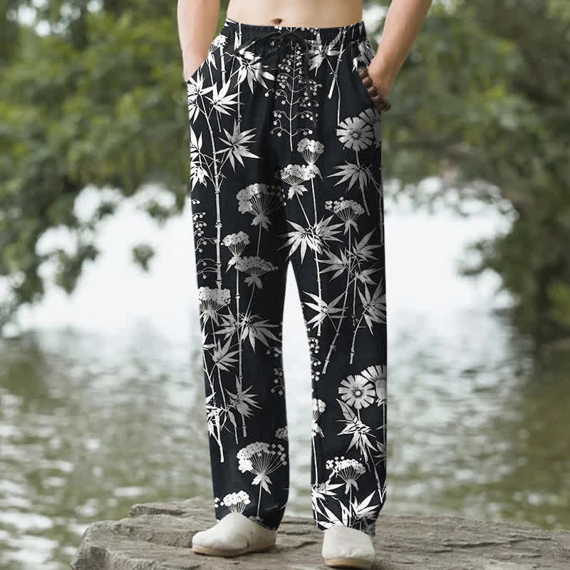 Buddha Stones Cotton Bamboo Leaf Floral Pattern Men's Tapered Pants With Pockets - Black - US/UK/AU50，EU60 (5XL) - image 6
