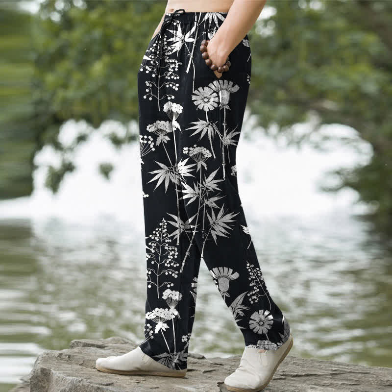Buddha Stones Cotton Bamboo Leaf Floral Pattern Men's Tapered Pants With Pockets - image 7