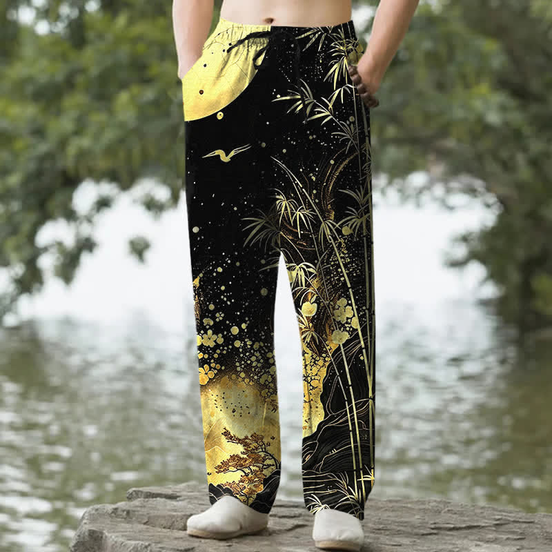 Buddha Stones Cotton Golden Moon Bamboo Pattern Men's Tapered Pants With Pockets - Black - US/UK/AU50，EU60 (5XL) - image 0