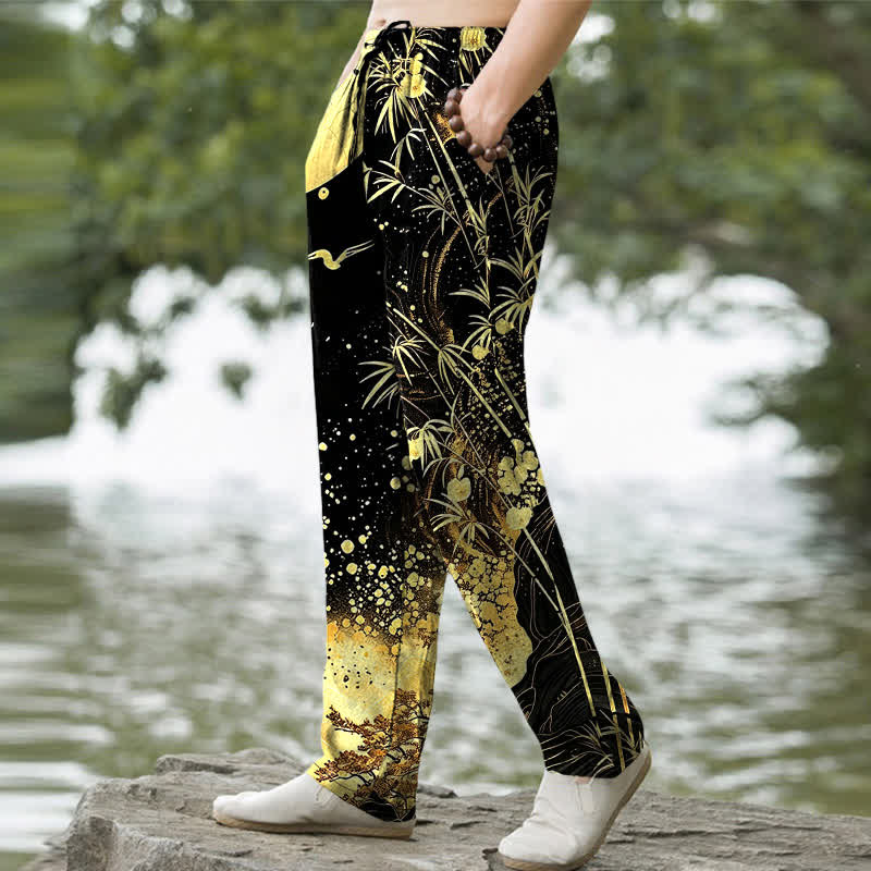 Buddha Stones Cotton Golden Moon Bamboo Pattern Men's Tapered Pants With Pockets - image 1