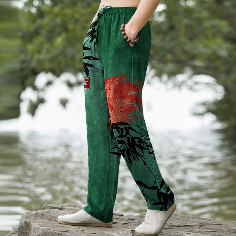 Buddha Stones Cotton Ink Bamboo Sun Pattern Men's Tapered Pants With Pockets - image 1