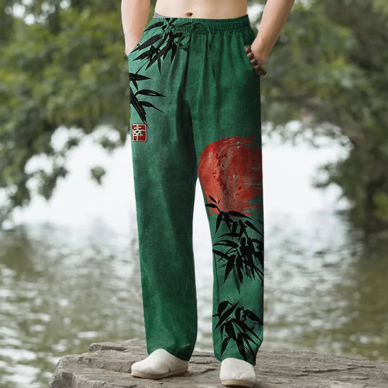 Buddha Stones Cotton Ink Bamboo Sun Pattern Men's Tapered Pants With Pockets - ForestGreen - US/UK/AU50，EU60 (5XL) - image 0