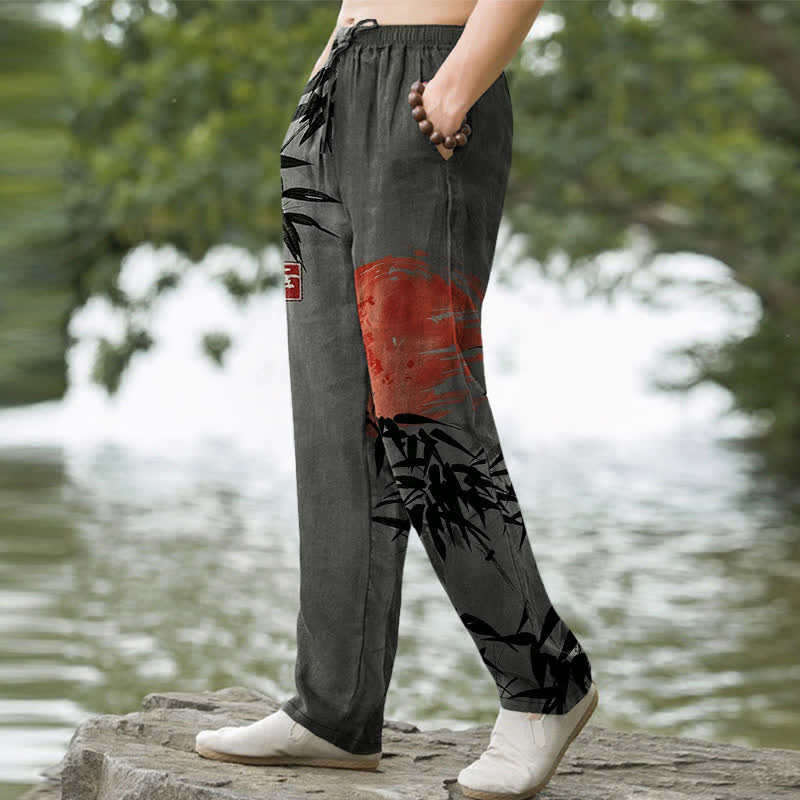 Buddha Stones Cotton Ink Bamboo Sun Pattern Men's Tapered Pants With Pockets - image 5