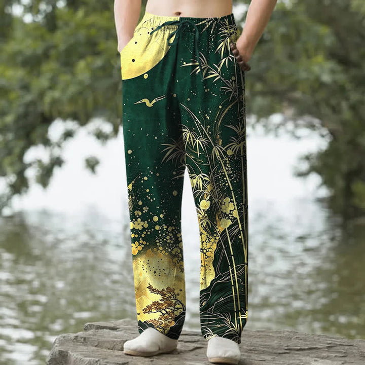 Buddha Stones Cotton Golden Moon Bamboo Pattern Men's Tapered Pants With Pockets - ForestGreen - US/UK/AU50，EU60 (5XL) - image 4