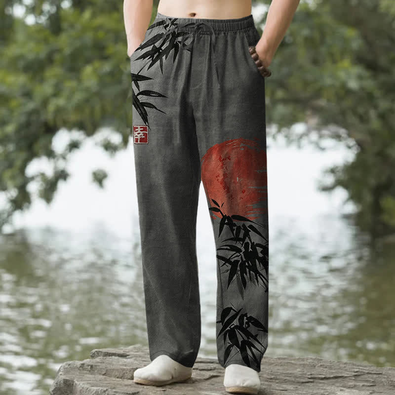 Buddha Stones Cotton Ink Bamboo Sun Pattern Men's Tapered Pants With Pockets - DimGray - US/UK/AU50，EU60 (5XL) - image 4