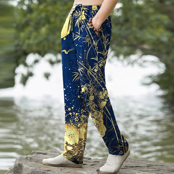 Buddha Stones Cotton Golden Moon Bamboo Pattern Men's Tapered Pants With Pockets - image 7