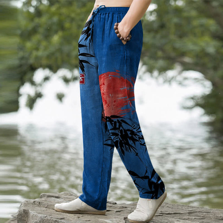 Buddha Stones Cotton Ink Bamboo Sun Pattern Men's Tapered Pants With Pockets - image 7