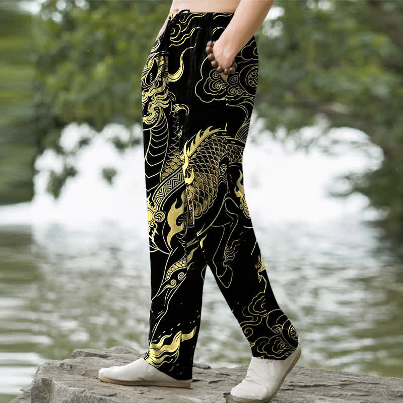 Buddha Stones Cotton Golden Dragon Auspicious Clouds Pattern Men's Tapered Pants With Pockets - image 1