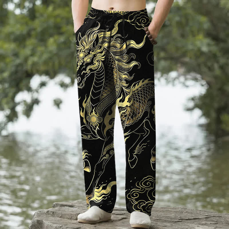 Buddha Stones Cotton Golden Dragon Auspicious Clouds Pattern Men's Tapered Pants With Pockets - Black - US/UK/AU50，EU60 (5XL) - image 0